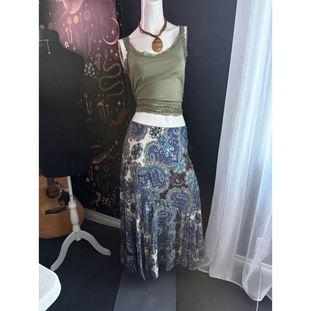 Lola P. Bohemian Paisley Maxi Skirt Blue Green White Rayon XL 40498